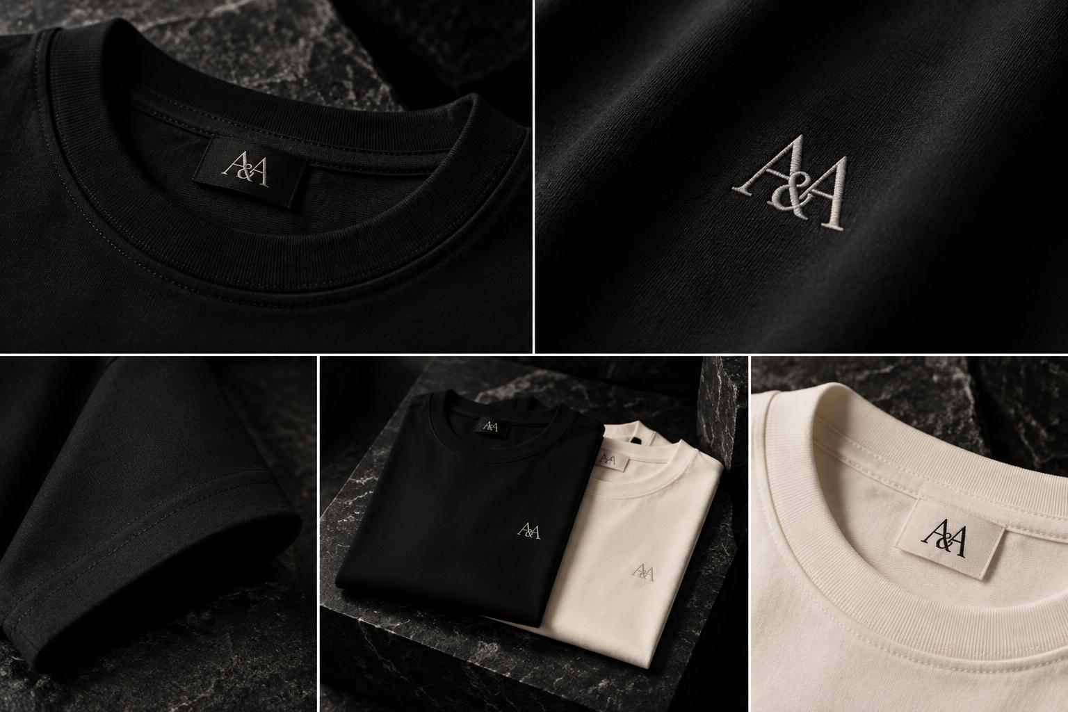 Close-up views of A & A labels, embroidery and garment details
