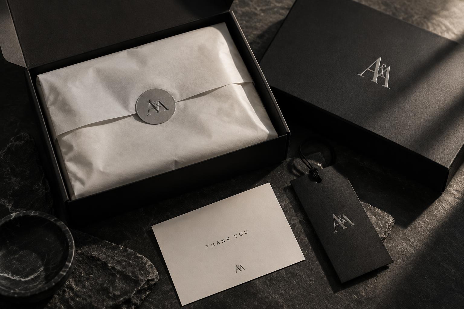 A & A premium packaging concept with black box and cream tissue